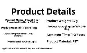 Stickers muraux cerf lumineux en PET set de 11 pièces dimensions et détails techniques