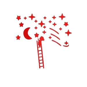 Red 3D acrylic wall stickers with stars moon and girl on ladder for room decor