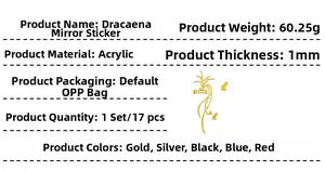 Detailed specifications of 17pcs spider plant acrylic mirror wall stickers in 1mm thickness