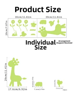 Tableau des tailles du sticker mural girafe lumineux avec dimensions de 30x20cm et 29x17,6cm