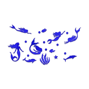 Dettaglio degli adesivi murali in acrilico blu a specchio con sirene e delfini