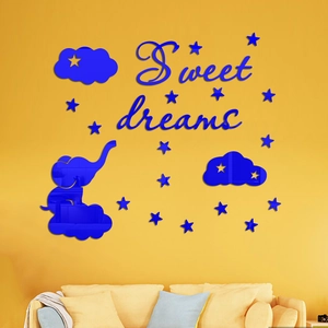 Blue mirror acrylic elephant wall stickers with sweet dreams clouds and stars for kids