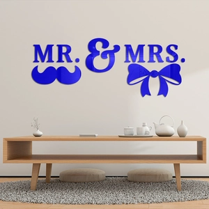 Deep blue acrylic mirror wall sticker featuring Mr & Mrs text with mustache and bow design