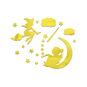Golden acrylic mirror wall stickers featuring witch on broom and moon elements