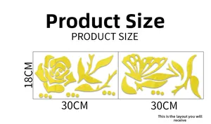 Detailed layout of 3D acrylic mirror rose wall stickers with size and placement dimensions