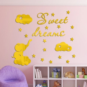 Golden 3D acrylic elephant and clouds mirror wall stickers with Sweet Dreams text