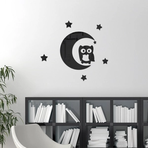 Sticker mural miroir 3D en acrylique avec chouette sur lune noire et petites étoiles