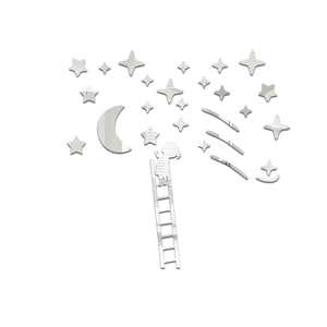 Detail view of 3D acrylic mirror wall stickers featuring stars and a child silhouette