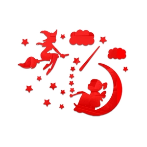 Macro shot of red acrylic mirror wall stickers with Halloween witch and star patterns