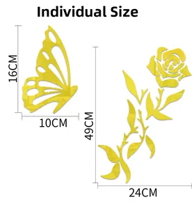 Detailed dimension guide for 3D acrylic rose and butterfly gold mirror wall stickers