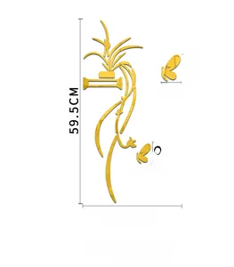 Detailed size chart of gold 3D acrylic mirror wall sticker with flower and butterflies