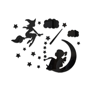 Acrylic mirror wall stickers featuring witch on broom, moon girl and stars in black silhouette
