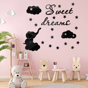Black acrylic elephant mirror wall stickers with Sweet Dreams text for nursery room decor