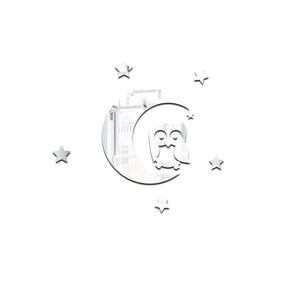 Stickers muraux en miroir acrylique argenté avec hibou sur croissant de lune et étoiles
