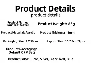 Specifications for 3D acrylic clover wall stickers showing dimensions, weight and materials