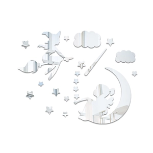 Detailed view of silver acrylic mirror wall stickers featuring witch and angel shapes