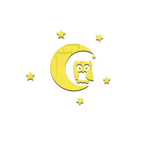 Détail du sticker mural 3D chouette et lune en acrylique jaune avec surface réfléchissante