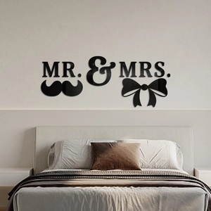 Close-up of black 1mm acrylic Mr. & Mrs. 3D mirror wall stickers with mustache and bow details