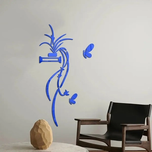 3D blue mirror acrylic wall stickers with floral vine and butterfly pattern for living room