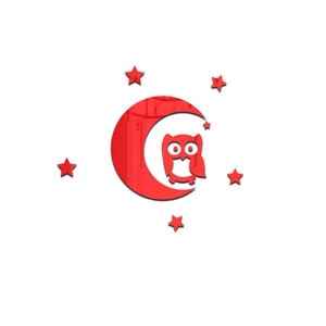 Détail macro du sticker mural en acrylique rouge avec formes de hibou, lune et étoiles