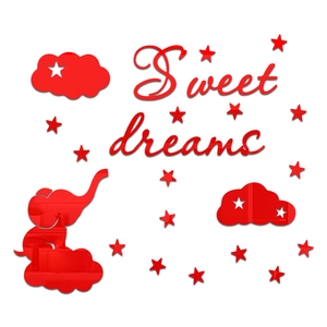 Red 3D acrylic mirror wall stickers featuring elephant, stars, and Sweet dreams text