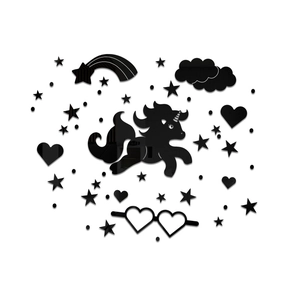 Black acrylic mirror wall stickers featuring unicorn, stars, and heart elements decoration