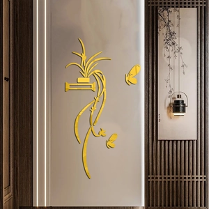 Modern 3D golden mirror acrylic wall sticker with abstract floral and butterfly design