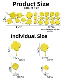 Size specifications for yellow acrylic 3D clover wall stickers with 22 pieces in 4 sizes