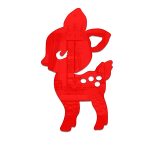 Detail of red acrylic mirror wall sticker in a cute cartoon deer shape for kids room