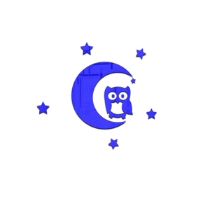 Détail de stickers muraux 3D en acrylique bleu avec hibou, lune et fini réfléchissant