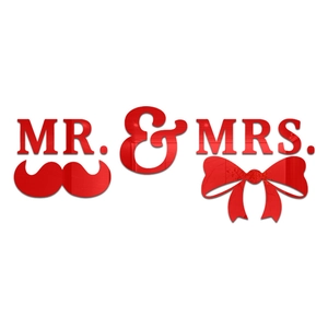 Macro detail of red 1mm acrylic mirror wall sticker featuring Mr & Mrs wedding letters