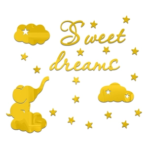 Detail of golden acrylic mirror wall stickers featuring elephant, stars and clouds