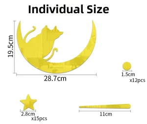 Detailed size specifications for cat and moon acrylic mirror wall sticker set