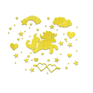 Detail view of yellow unicorn acrylic mirror wall stickers with star and cloud shapes