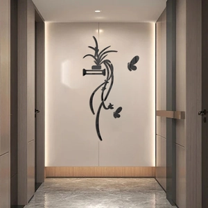 Modern 3D black acrylic wall sticker featuring abstract flowers and butterflies for hallway decor