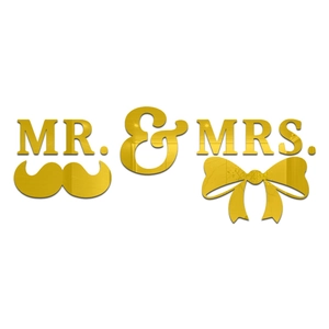 Golden acrylic mirror wall stickers with Mr & Mrs text for wedding party decor