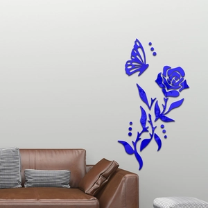3D mirror acrylic rose and butterfly wall sticker in navy blue for living room decor