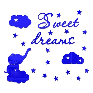 Blue acrylic mirror wall stickers with Sweet dreams text, elephant, clouds and stars