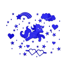 Detailed set of dark blue acrylic mirror wall stickers with unicorn and star patterns