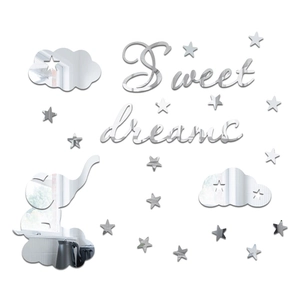 Macro view of mirror acrylic baby elephant and sweet dreams wall stickers