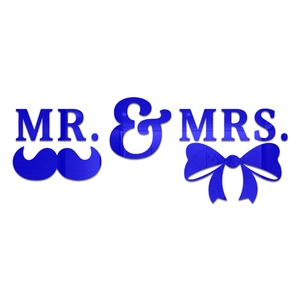 Close-up of blue acrylic Mr & Mrs mirror wall stickers with mustache and bow icons