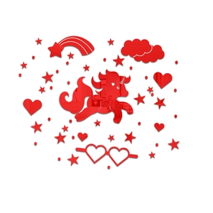Detail of red acrylic mirror wall stickers featuring a leaping unicorn and stars for decor
