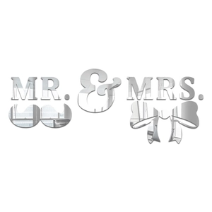 Detail of silver acrylic mirror wall stickers with Mr & Mrs text and decorative icons