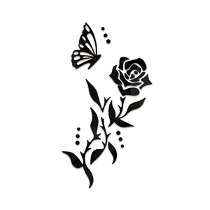 3D black acrylic rose and butterfly wall sticker with a modern mirror finish design