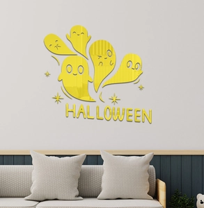 Detailed view of Halloween 3D mirror acrylic wall stickers with yellow ghost and stars