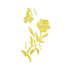 Detail of yellow mirror acrylic 3D wall sticker featuring a rose and a butterfly motif