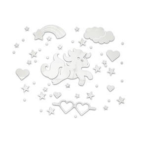 Detailed view of silver acrylic mirror wall stickers with unicorn stars and rainbow design