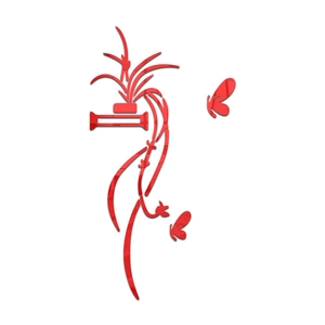 Detail of 3D red acrylic wall sticker featuring abstract plant and butterfly patterns