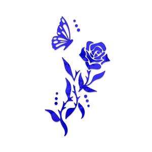 Macro shot of polished 3D blue acrylic butterfly and rose wall sticker decoration