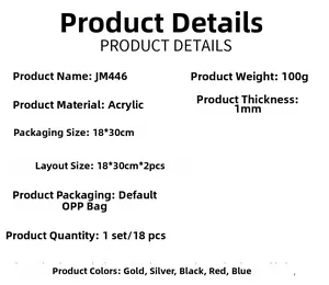 Detailed technical specifications for JM446 3D acrylic mirror wall stickers and packing info